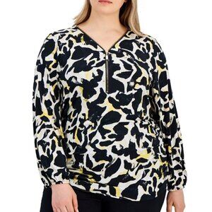 JM Collection Plus Size White, Black & Yellow Printed Zip-Front Top NWT